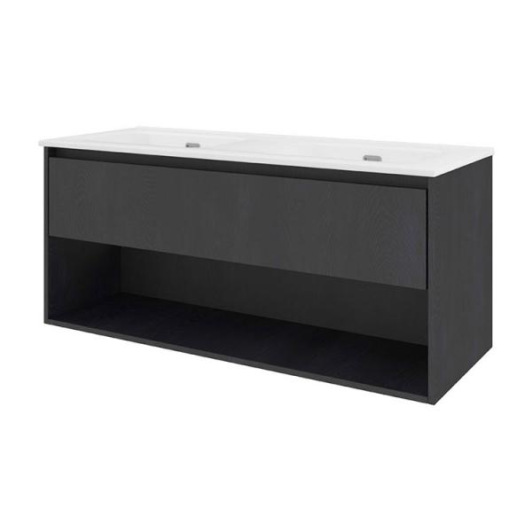 Sanibell Proline 120 møbelsæt m/1 skuffe, hylde og dobbeltvask - Uden hanehul - Sort eg Sanibell Proline 120 møbelsæt m/1 skuffe, hylde og dobbeltvask - Uden hanehul - Sort eg