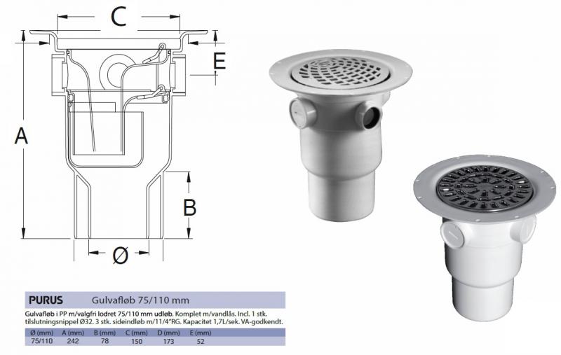 Purus Afl&oslash;bssk&aring;l til Vinyl 110/75 mm med rustfri rist