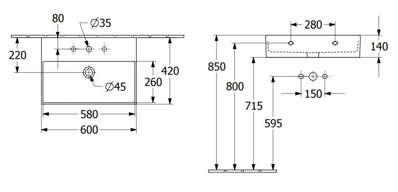 V&B Memento 2.0 60 h&aring;ndvask t/v&aelig;g - 1/3 hanehuller