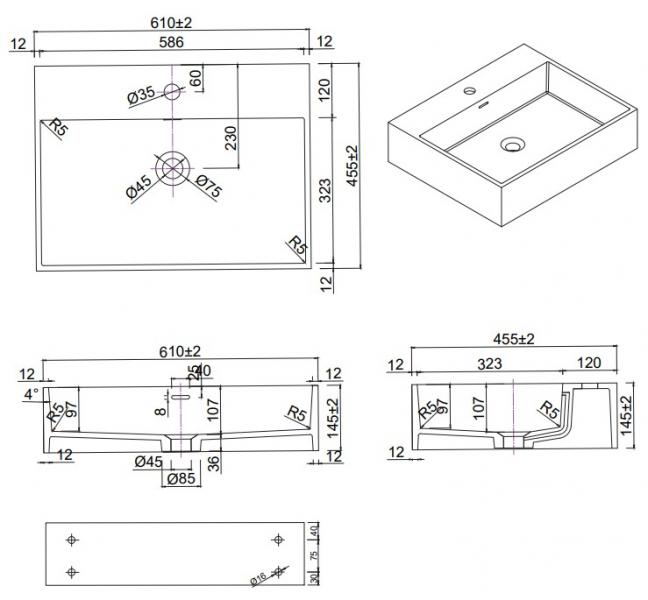Lavabo Solid Surface 60 håndvask t/væg eller bord - 1 hanehul - Mat hvid Lavabo Solid Surface 60 håndvask t/væg eller bord - 1 hanehul - Mat hvid