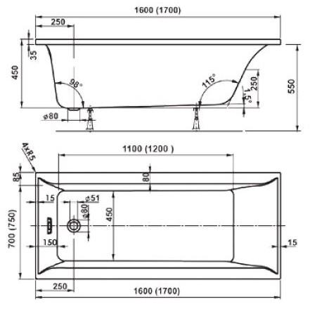 Royal Vigga badekar t/indbygning - 170 x 75 - 1 rygl&aelig;n