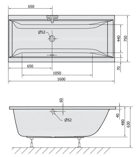 Royal Cleo badekar t/indbygning - 160 x 75 - 1 rygl&aelig;n
