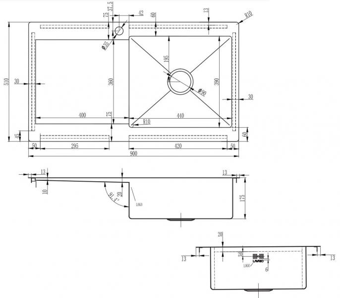 Lavabo Kubus 90 R Soft k&oslash;kkenvask m/afl&oslash;bsbakke - H&oslash;jre