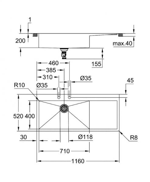 Grohe K1000 k&oslash;kkenvask m/afl&oslash;bsbakke - Venstre