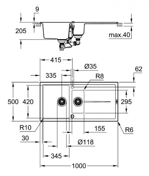 Grohe K400 køkkenvask m/afløbsbakke og skylleskål - Sort granit Grohe K400 køkkenvask m/afløbsbakke og skylleskål - Sort granit