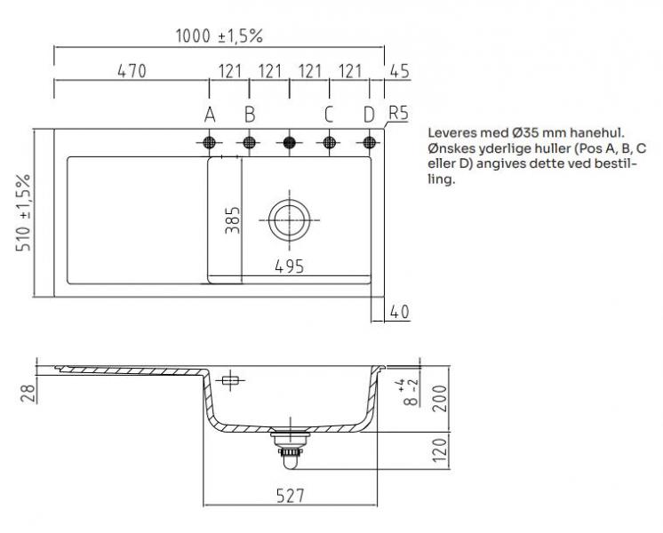 Lavabo Mera 100 SL porcelænskøkkenvask - Vask til højre/krom afløb Lavabo Mera 100 SL porcelænskøkkenvask - Vask til højre/krom afløb