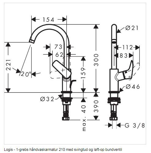 hansgrohe Logis 210 h&aring;ndvaskarmatur m/svingtud u/bundventil - Krom
