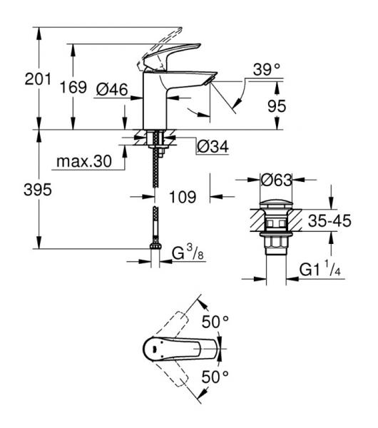 Grohe Eurosmart S h&aring;ndvaskarmatur m/push open bundventil og WaterSaving - Krom