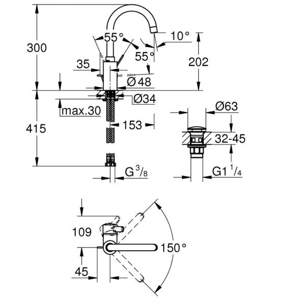 Grohe Eurosmart Cosmopolitan håndvaskarmatur m/push open bundventil og svingtud - Krom Grohe Eurosmart Cosmopolitan håndvaskarmatur m/push open bundventil og svingtud - Krom