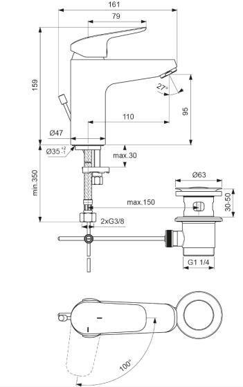 Ideal Standard Ceraflex h&aring;ndvaskbatteri - BlueStart - m/bundventil