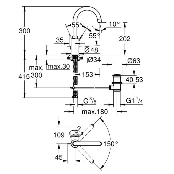 Grohe Eurosmart Cosmopolitan h&aring;ndvaskarmatur m/l&oslash;ftestang og svingtud - Krom