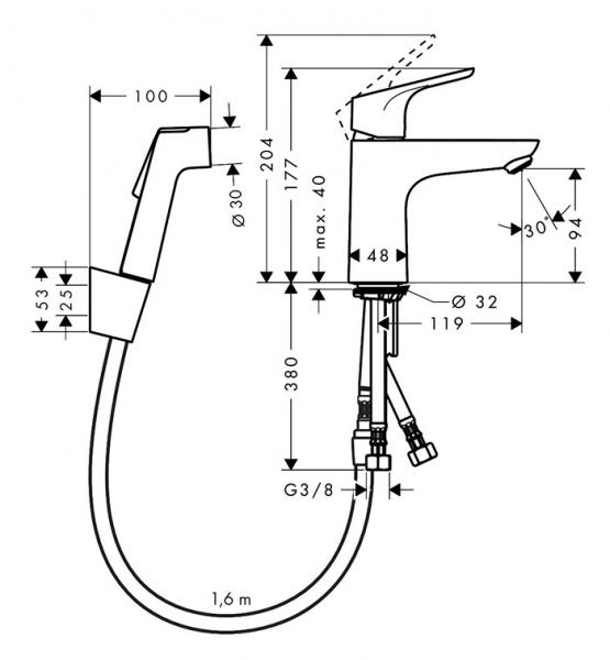 hansgrohe Focus 100 h&aring;ndvaskarmatur m/h&aring;ndbruser og push-open bundventil