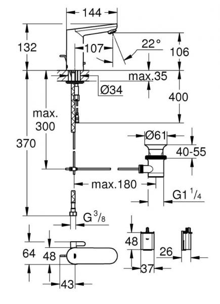Grohe Eurosmart Cosmopolitan E ber&oslash;ringsfrit h&aring;ndvaskarmatur m/batteri