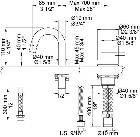 Vola 590A h&aring;ndvaskbatteri - krom
