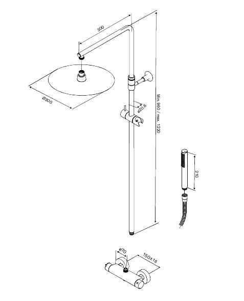 Damixa Iris 300 komplet brusesystem m/termostat - B&oslash;rstet messing