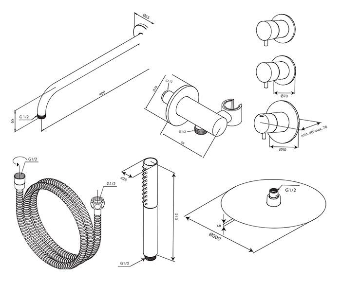Damixa Iris XS 1 300 brusesæt til indbygning - Børstet kobber Damixa Iris XS 1 300 brusesæt til indbygning - Børstet kobber