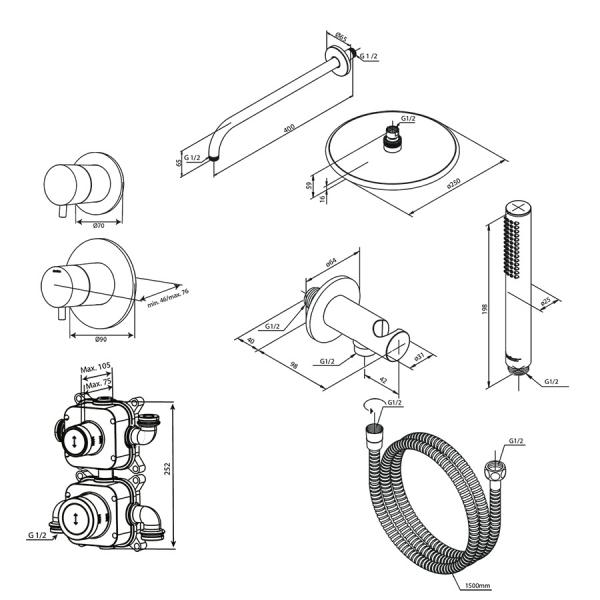 Damixa Silhouet DS 1 komplet brusesystem til indbygning - Steel Damixa Silhouet DS 1 komplet brusesystem til indbygning - Steel