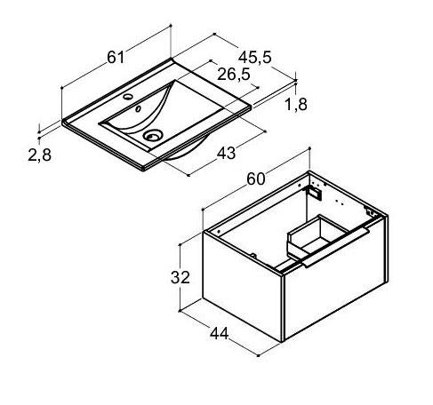 Dansani Mido+ Classic 61 m&oslash;bels&aelig;t m/Amber vask og 1 skuffe - Mat lysebl&aring;