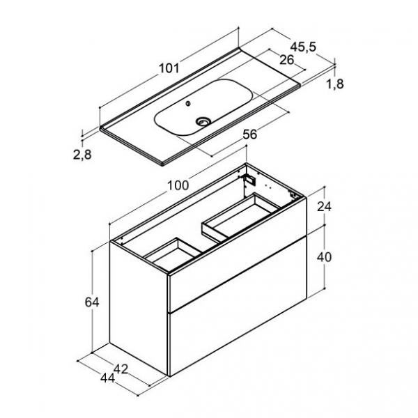 Dansani Luna 101 m&oslash;bels&aelig;t m/Kantate vask, h&oslash;j skuffe og indretning - Mat gr&aring;