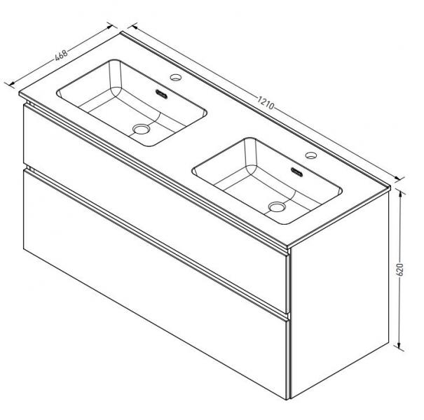 Sanibell Proline 120 m&oslash;bels&aelig;t m/2 asymmetriske skuffer og dobbeltvask - Sort eg