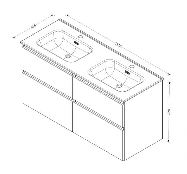 Sanibell Proline 120 m&oslash;bels&aelig;t m/4 asymmetriske skuffer og dobbeltvask - Sort eg