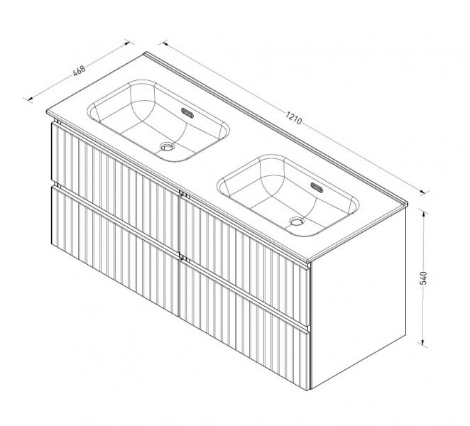 Sanibell Proline 120 m&oslash;bels&aelig;t m/lameller, 4 skuffer og dobbeltvask - Uden hanehul - Mat sort