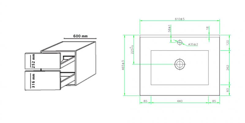 Cass&oslash;e Front 60 m&oslash;belpakke m/skuffer og vask - Mat hvid