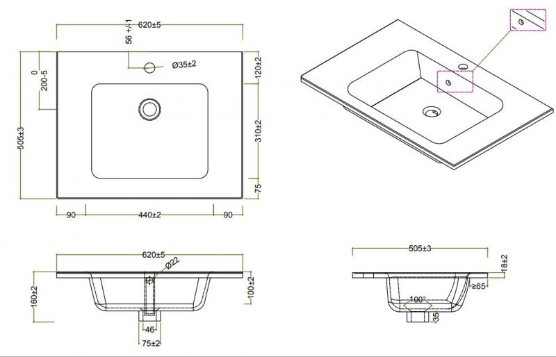Cassøe møbelvask - 62,5 x 50,5 cm - 1 hanehul Cassøe møbelvask - 62,5 x 50,5 cm - 1 hanehul