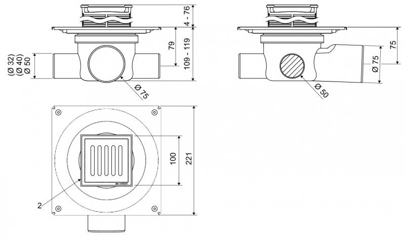 Unidrain kvadrat Classicline column sampak &Oslash;75 mm m/ 10x10 cm rist