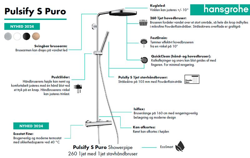 hansgrohe Pulsify S Puro 260 Showerpipe 1jet m/EcoSmart og Ecostat Fine - B&oslash;rstet bronze